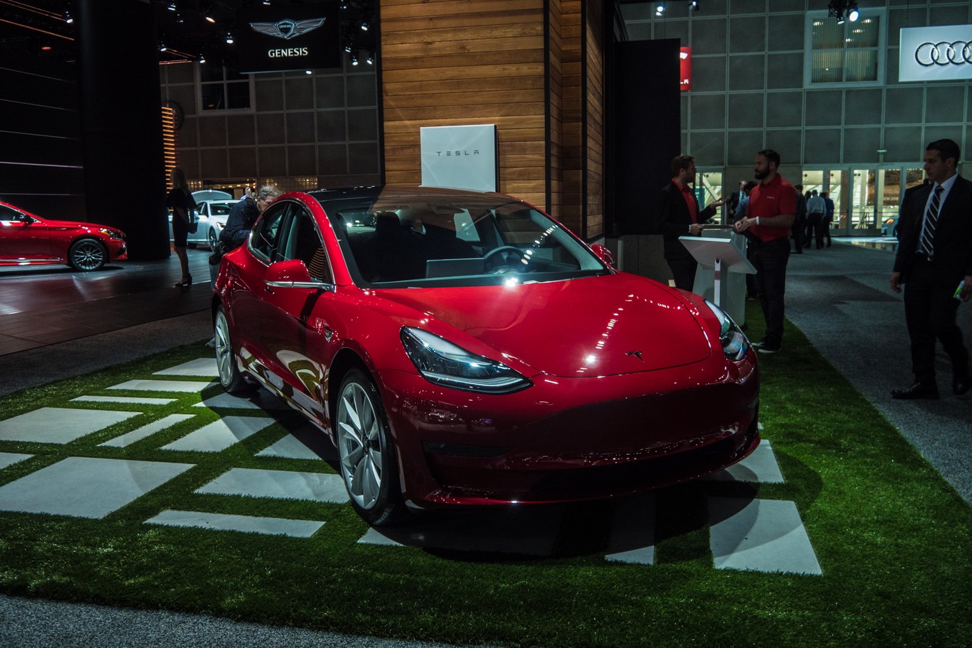 Model 3 on the stand at the LA Auto Show, 2017